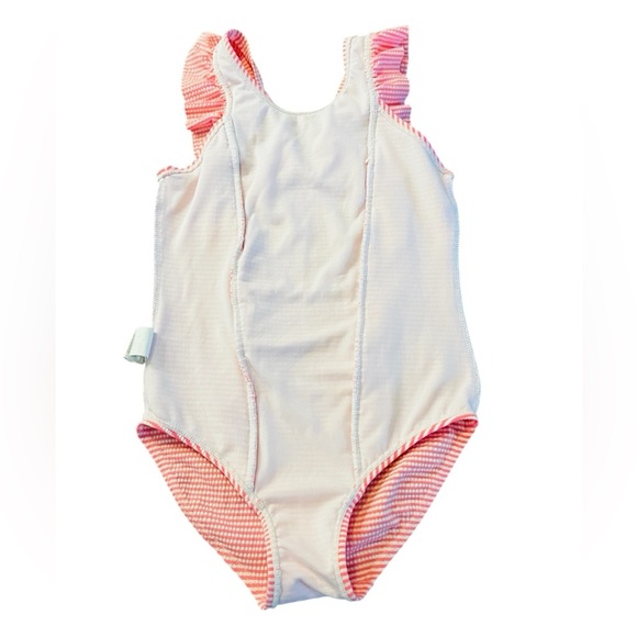 Lizens Girls Pink Ruffled One Piece Swimsuit with Stripes Size 6-7 - Picture 3 of 8